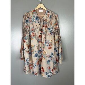 Sugar + Lips Floral Crochet Lace Bell Sleeve Mini Dress Tan Boho western